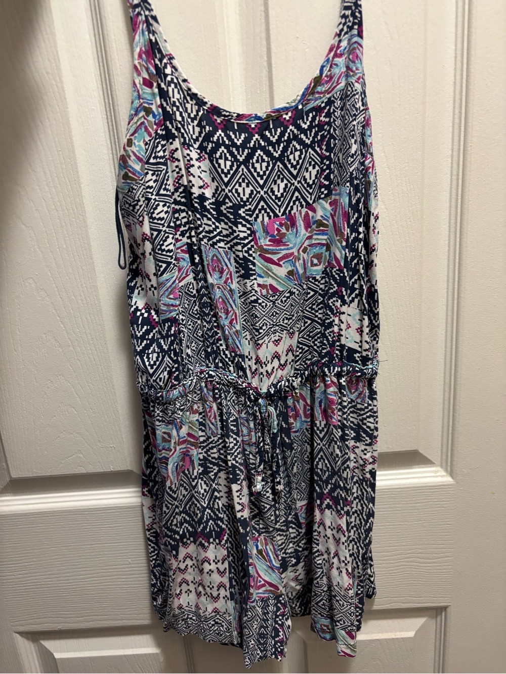 Sleeveless Printed Tank Dress in Navy, Pink & Teal